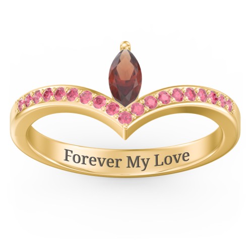 Marquise Birthstone V-Shape Ring With Accents – 18K Gold Plated Silver with Garnet and Red Premium Zirconia