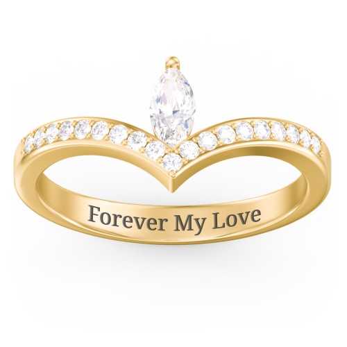 Marquise Birthstone V-Shape Ring With Accents – 18K Gold Plated Silver with Cubic Zirconia and White Premium Zirconia