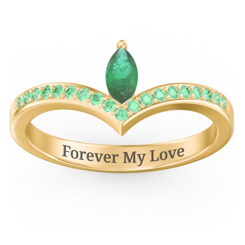 Marquise Birthstone V-Shape Ring With Accents – 18K Gold Plated Silver with Emerald and Green Premium Zirconia