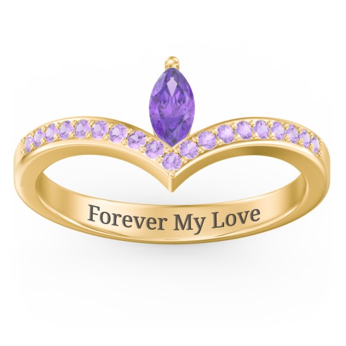 Marquise Birthstone V-Shape Ring With Accents – 18K Gold Plated Silver with Amethyst and Amethyst Premium Zirconia
