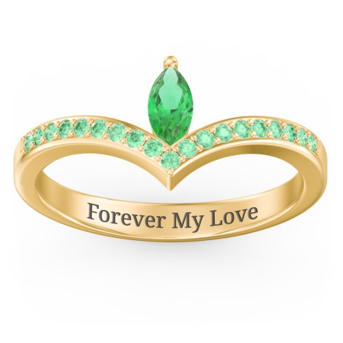 Marquise Birthstone V-Shape Ring With Accents – 18K Gold Plated Silver with Emerald and Green Premium Zirconia