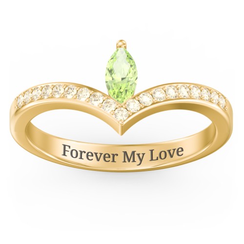 Marquise Birthstone V-Shape Ring With Accents – 18K Gold Plated Silver with Peridot and Fancy Yellow Premium Zirconia