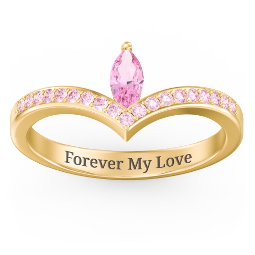 Marquise Birthstone V-Shape Ring With Accents – 18K Gold Plated Silver with Pink Tourmaline and Fancy Pink Premium Zirconia