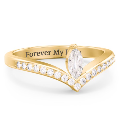 Marquise Birthstone V-Shape Ring With Accents – 18K Gold Plated Silver with Cubic Zirconia and White Premium Zirconia
