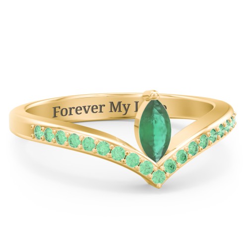 Marquise Birthstone V-Shape Ring With Accents – 18K Gold Plated Silver with Emerald and Green Premium Zirconia