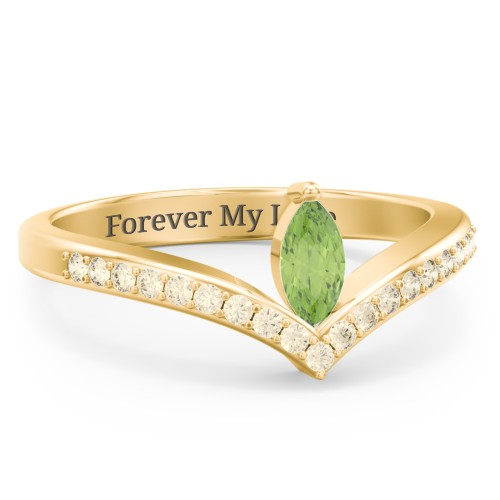 Marquise Birthstone V-Shape Ring With Accents – 18K Gold Plated Silver with Peridot and Fancy Yellow Premium Zirconia