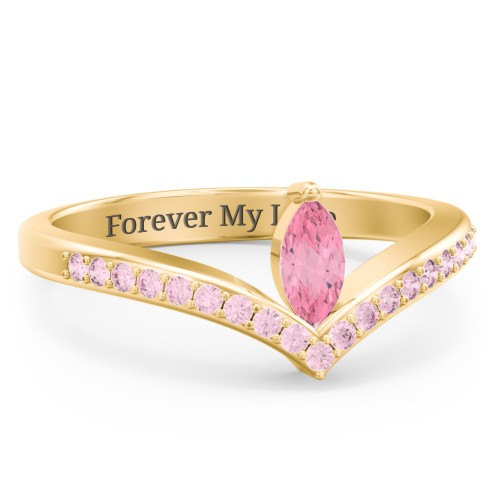 Marquise Birthstone V-Shape Ring With Accents – 18K Gold Plated Silver with Pink Tourmaline and Fancy Pink Premium Zirconia