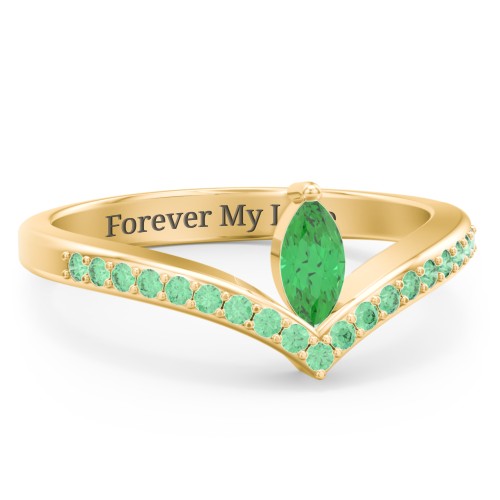 Marquise Birthstone V-Shape Ring With Accents – 18K Gold Plated Silver with Emerald and Green Premium Zirconia