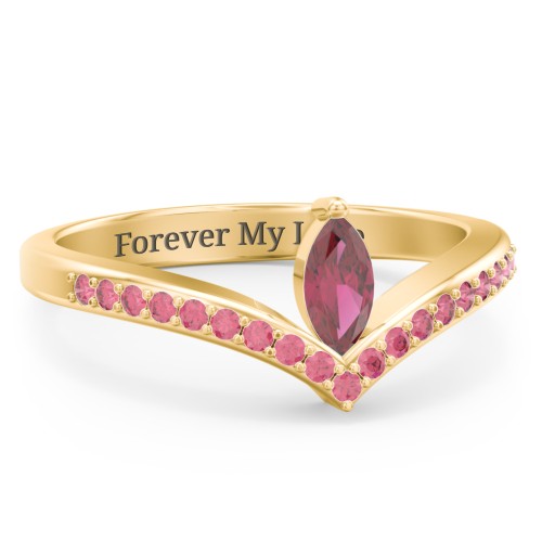 Marquise Birthstone V-Shape Ring With Accents – 18K Gold Plated Silver with Ruby and Red Premium Zirconia
