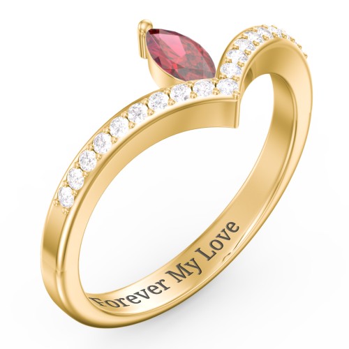 Marquise Birthstone V-Shape Ring With Accents – 10K Yellow Gold with Red Premium Zirconia and White Premium Zirconia