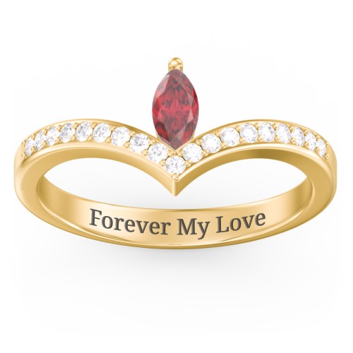 Marquise Birthstone V-Shape Ring With Accents – 10K Yellow Gold with Red Premium Zirconia and White Premium Zirconia