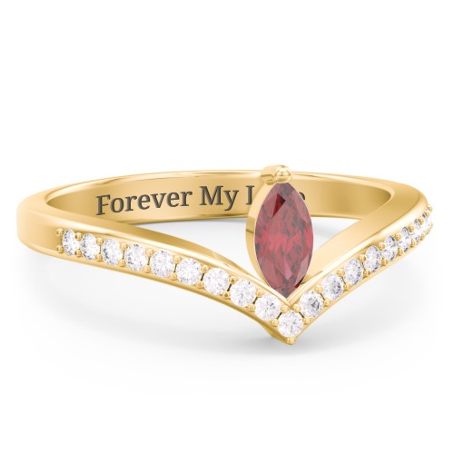 Marquise Birthstone V-Shape Ring With Accents – 10K Yellow Gold with Red Premium Zirconia and White Premium Zirconia