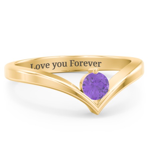 Round Birthstone V-Shape Ring – 18K Gold Plated Silver with Amethyst