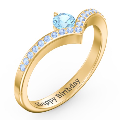 Round Birthstone V-Shape Ring With Accents – 18K Gold Plated Silver with Blue Topaz and Fancy Blue Premium Zirconia