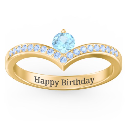 Round Birthstone V-Shape Ring With Accents – 18K Gold Plated Silver with Blue Topaz and Fancy Blue Premium Zirconia