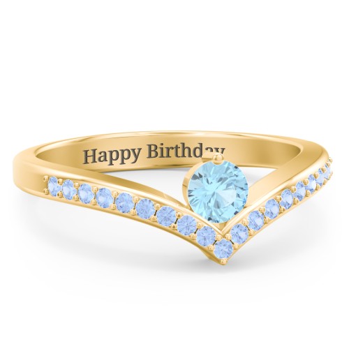 Round Birthstone V-Shape Ring With Accents – 18K Gold Plated Silver with Blue Topaz and Fancy Blue Premium Zirconia