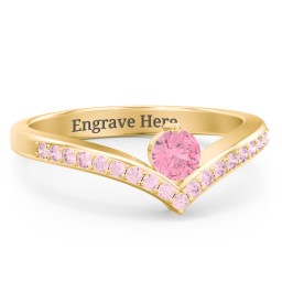 Round Birthstone V-Shape Ring With Accents in 18K Gold Plated Silver with Pink Tourmaline and Fancy Pink Premium Zirconia