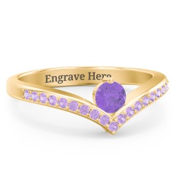 Round Birthstone V-Shape Ring With Accents in 18K Gold Plated Silver with Amethyst and Amethyst Premium Zirconia