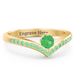 Round Birthstone V-Shape Ring With Accents in 18K Gold Plated Silver with Emerald and Green Premium Zirconia