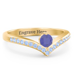 Round Birthstone V-Shape Ring With Accents in 18K Gold Plated Silver with Blue Sapphire and Fancy Blue Premium Zirconia