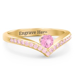 Round Birthstone V-Shape Ring With Accents in 18K Gold Plated Silver with Pink Tourmaline and Fancy Pink Premium Zirconia