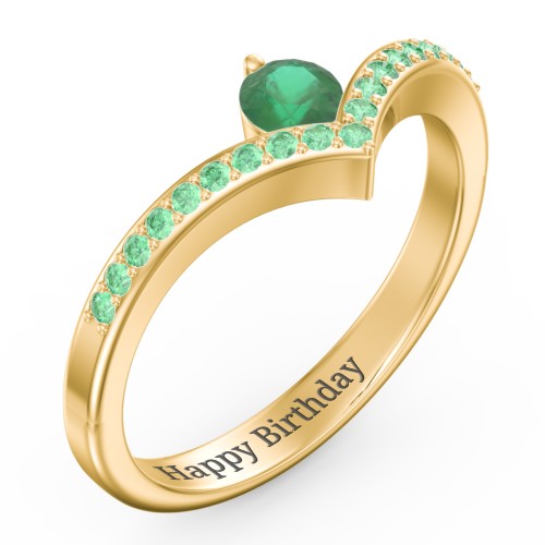 Round Birthstone V-Shape Ring With Accents – 18K Gold Plated Silver with Emerald and Green Premium Zirconia
