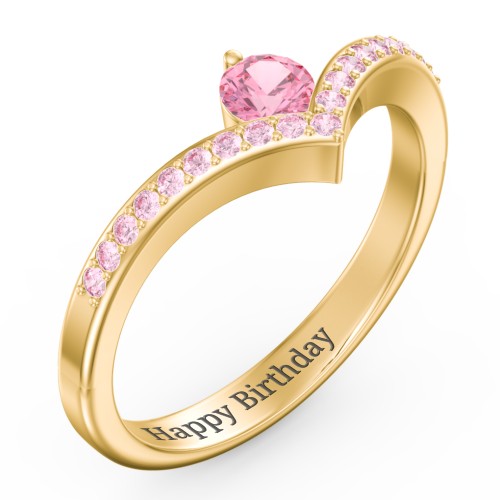 Round Birthstone V-Shape Ring With Accents – 18K Gold Plated Silver with Pink Tourmaline and Fancy Pink Premium Zirconia