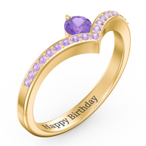 Round Birthstone V-Shape Ring With Accents – 18K Gold Plated Silver with Amethyst and Amethyst Premium Zirconia
