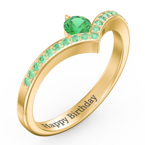 Round Birthstone V-Shape Ring With Accents – 18K Gold Plated Silver with Emerald and Green Premium Zirconia