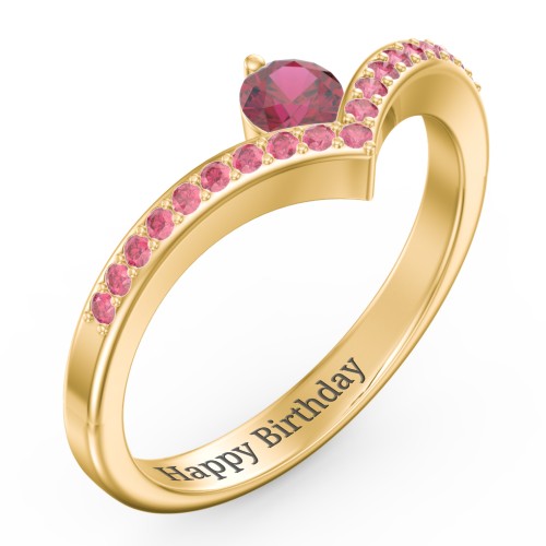 Round Birthstone V-Shape Ring With Accents – 18K Gold Plated Silver with Ruby and Red Premium Zirconia