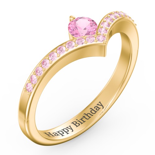Round Birthstone V-Shape Ring With Accents – 18K Gold Plated Silver with Pink Tourmaline and Fancy Pink Premium Zirconia