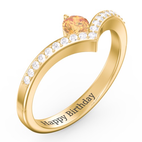 Round Birthstone V-Shape Ring With Accents – 18K Gold Plated Silver with Citrine and White Premium Zirconia