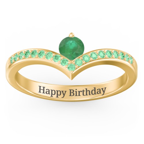 Round Birthstone V-Shape Ring With Accents – 18K Gold Plated Silver with Emerald and Green Premium Zirconia