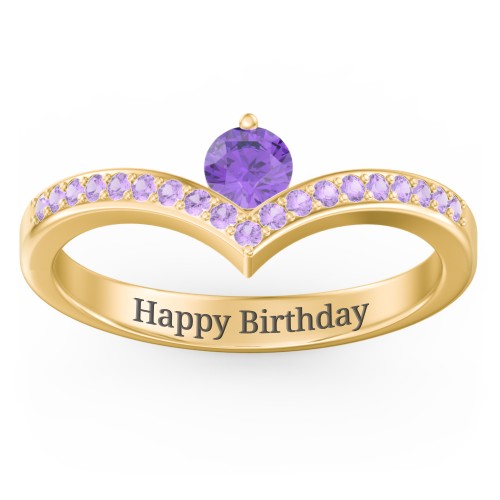 Round Birthstone V-Shape Ring With Accents – 18K Gold Plated Silver with Amethyst and Amethyst Premium Zirconia