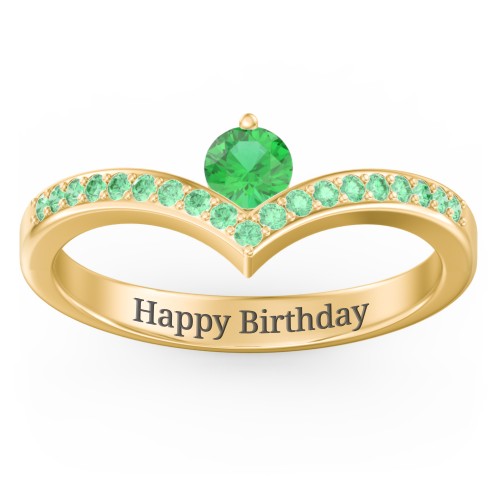 Round Birthstone V-Shape Ring With Accents – 18K Gold Plated Silver with Emerald and Green Premium Zirconia