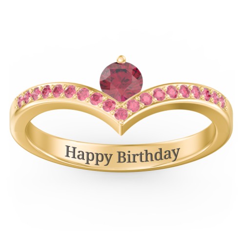 Round Birthstone V-Shape Ring With Accents – 18K Gold Plated Silver with Ruby and Red Premium Zirconia