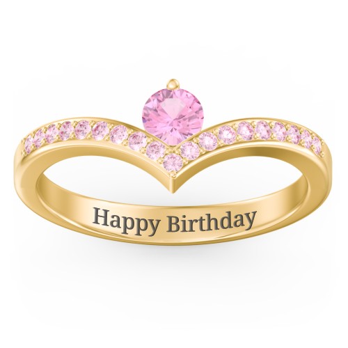 Round Birthstone V-Shape Ring With Accents – 18K Gold Plated Silver with Pink Tourmaline and Fancy Pink Premium Zirconia