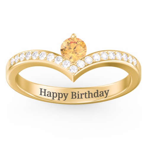 Round Birthstone V-Shape Ring With Accents – 18K Gold Plated Silver with Citrine and White Premium Zirconia