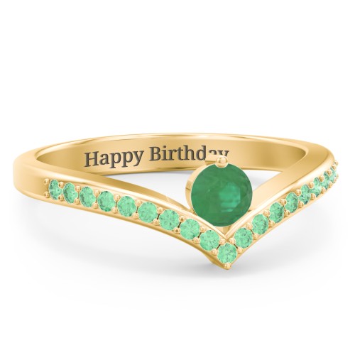 Round Birthstone V-Shape Ring With Accents – 18K Gold Plated Silver with Emerald and Green Premium Zirconia
