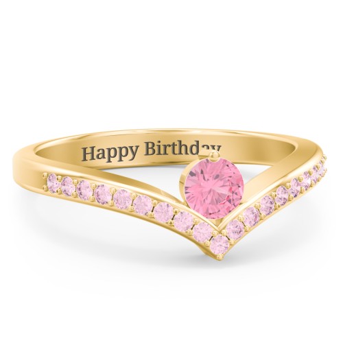 Round Birthstone V-Shape Ring With Accents – 18K Gold Plated Silver with Pink Tourmaline and Fancy Pink Premium Zirconia