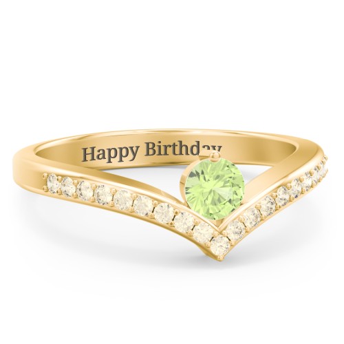 Round Birthstone V-Shape Ring With Accents – 18K Gold Plated Silver with Peridot and Fancy Yellow Premium Zirconia