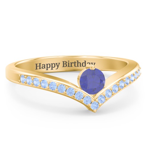 Round Birthstone V-Shape Ring With Accents – 18K Gold Plated Silver with Blue Sapphire and Fancy Blue Premium Zirconia