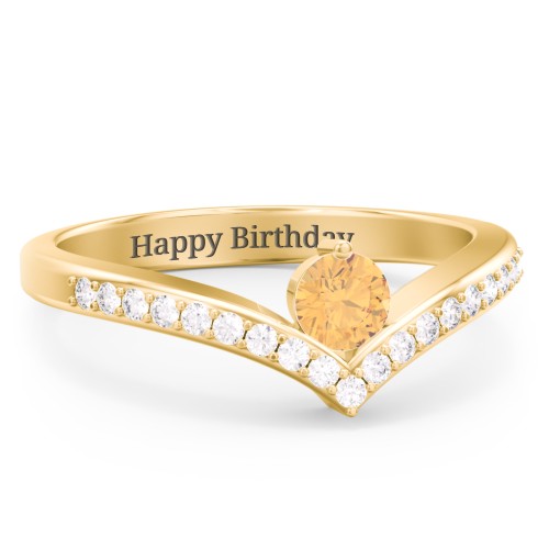 Round Birthstone V-Shape Ring With Accents – 18K Gold Plated Silver with Citrine and White Premium Zirconia