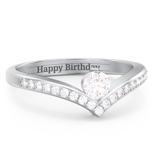 Round Birthstone V-Shape Ring With Accents – Sterling Silver with White Sapphire and White Premium Zirconia