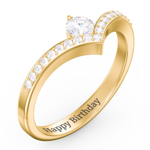 Round Birthstone V-Shape Ring With Accents – 10K Yellow Gold with White Sapphire and White Premium Zirconia