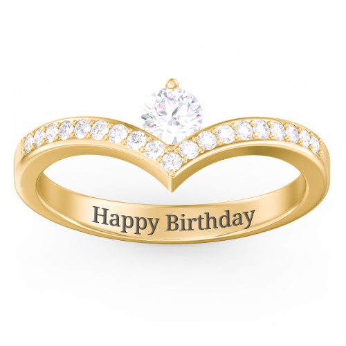 Round Birthstone V-Shape Ring With Accents – 10K Yellow Gold with White Sapphire and White Premium Zirconia