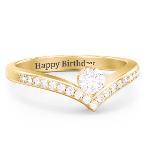 Round Birthstone V-Shape Ring With Accents – 10K Yellow Gold with White Sapphire and White Premium Zirconia