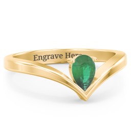 Pear Birthstone V-Shape Ring in 18K Gold Plated Silver with Emerald