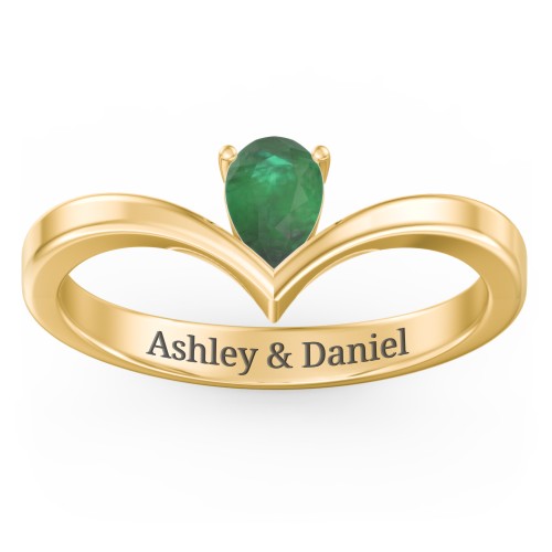 Pear Birthstone V-Shape Ring – 18K Gold Plated Silver with Emerald
