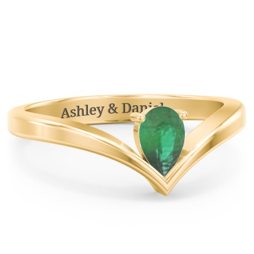 Pear Birthstone V-Shape Ring – 18K Gold Plated Silver with Emerald